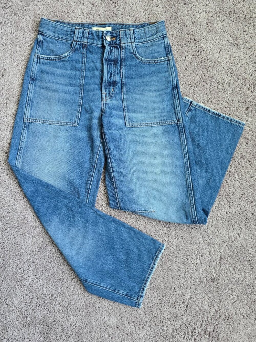 Madewell The Darted Barrel Leg Jeans Blue Denim Utility Patch Pockets Curved 24